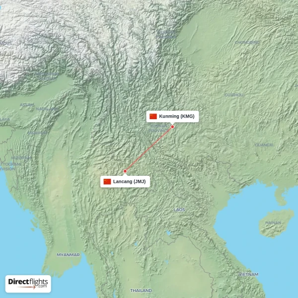 Lancang - Kunming direct flight map