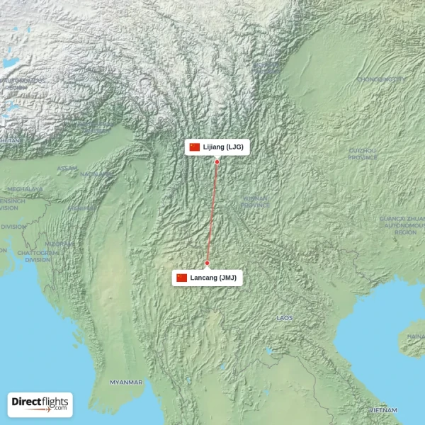Lancang - Lijiang direct flight map