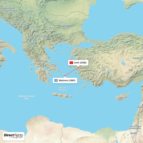Mykonos - Izmir direct flight map
