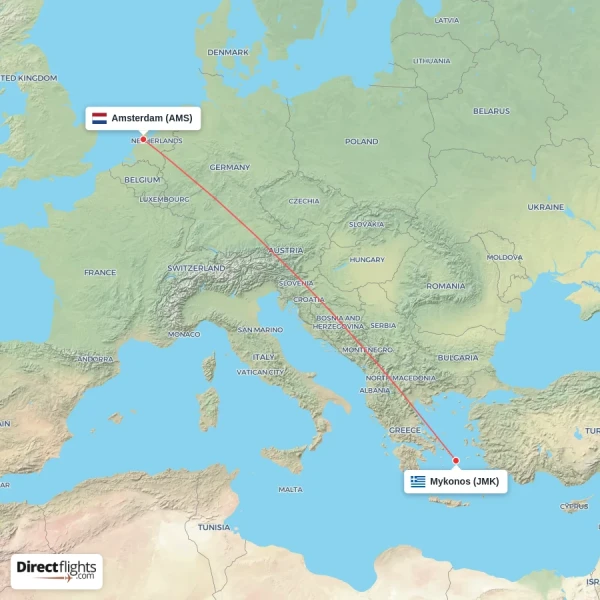 Mykonos - Amsterdam direct flight map