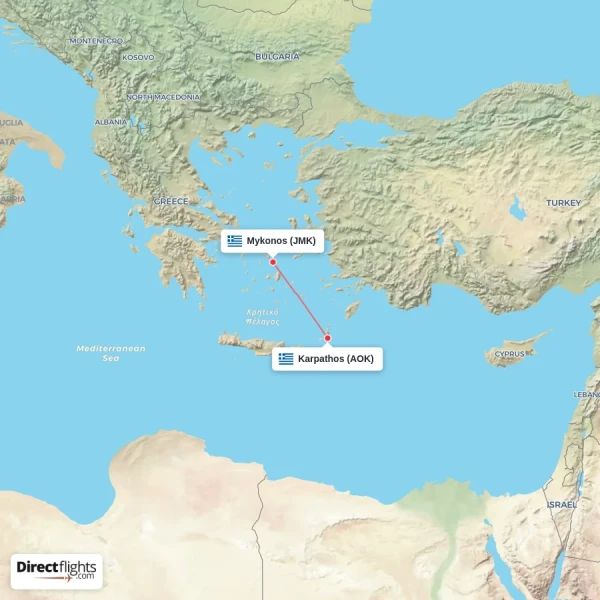 Mykonos - Karpathos direct flight map