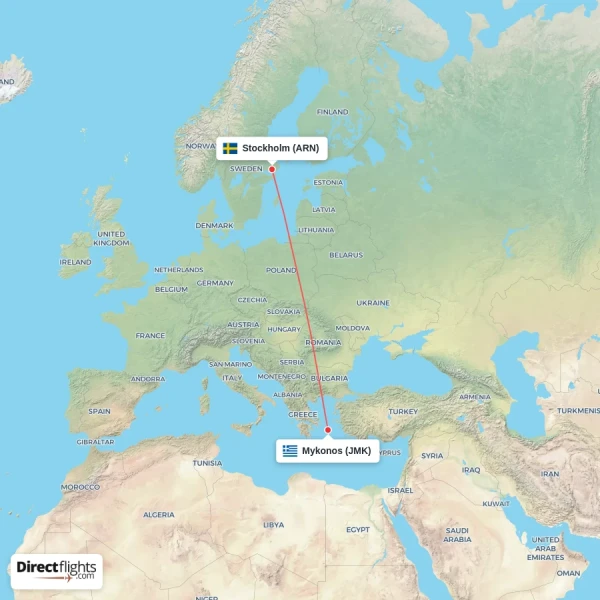 Mykonos - Stockholm direct flight map