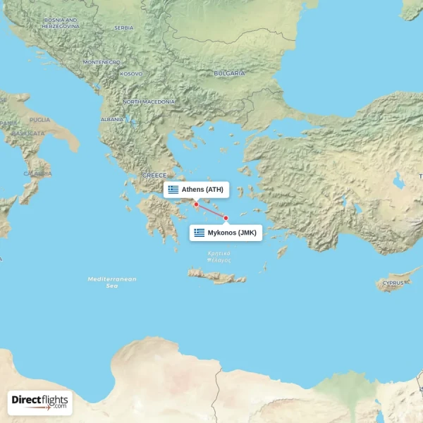 Mykonos - Athens direct flight map