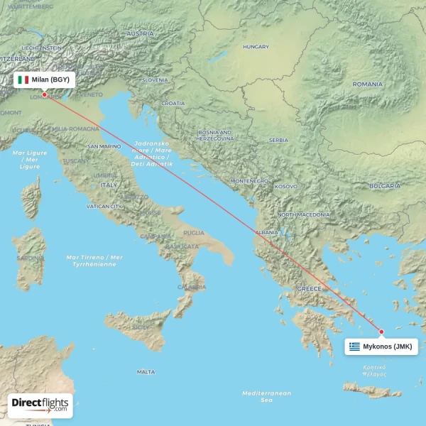 Mykonos - Milan direct flight map