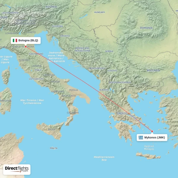 Mykonos - Bologna direct flight map