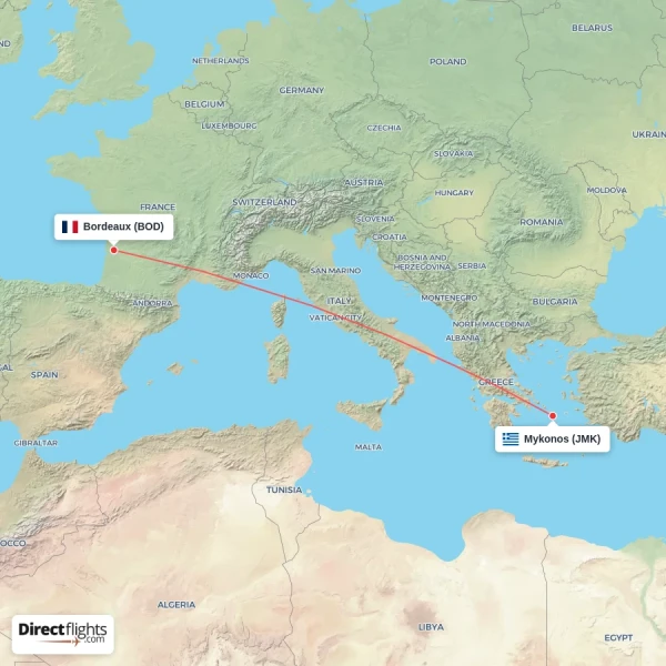 Mykonos - Bordeaux direct flight map