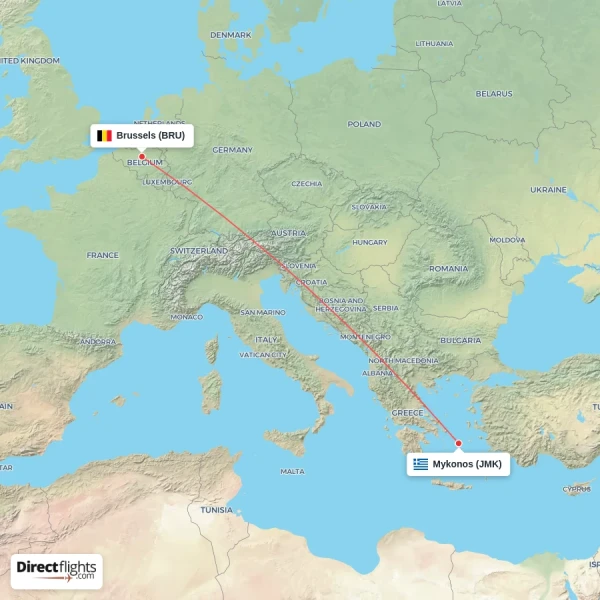 Mykonos - Brussels direct flight map