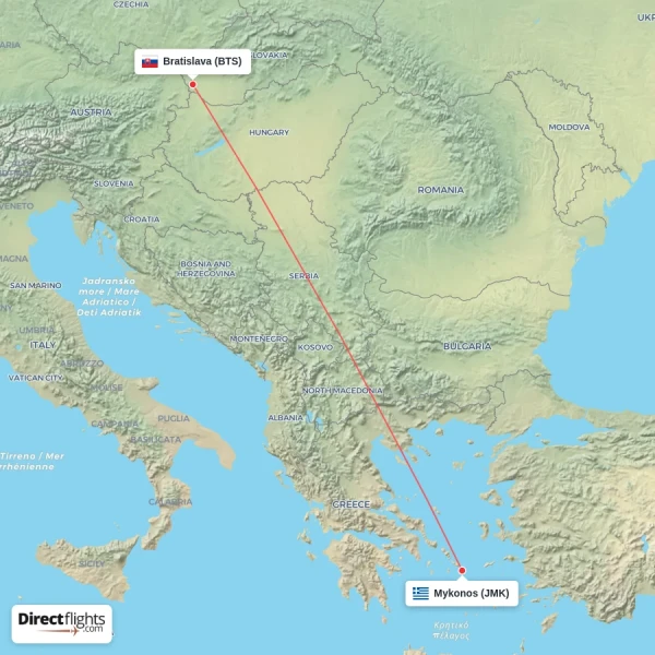 Mykonos - Bratislava direct flight map