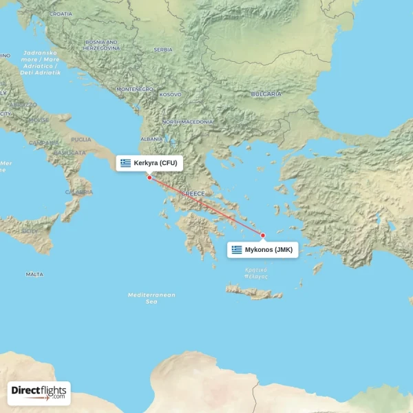 Mykonos - Kerkyra direct flight map