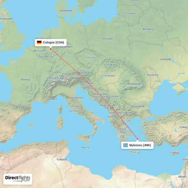 Mykonos - Cologne direct flight map