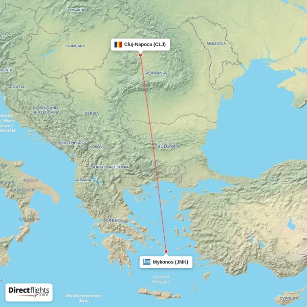 Mykonos - Cluj-Napoca direct flight map