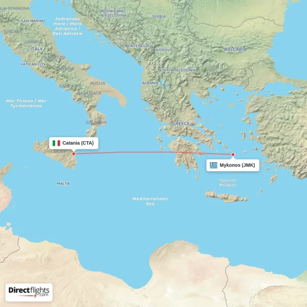 Mykonos - Catania direct flight map