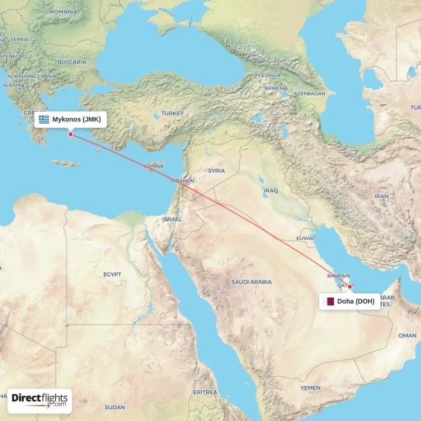 Mykonos - Doha direct flight map