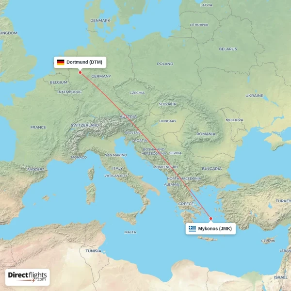Mykonos - Dortmund direct flight map