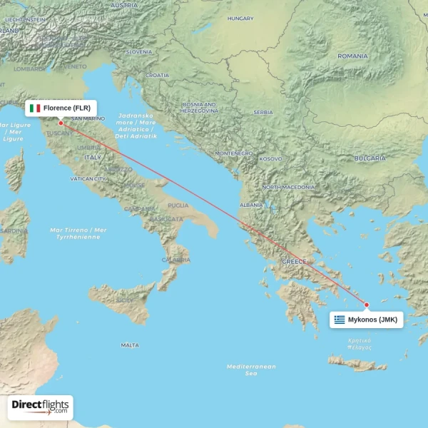 Mykonos - Florence direct flight map