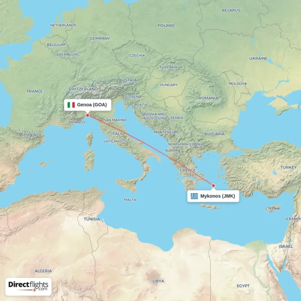 Mykonos - Genoa direct flight map