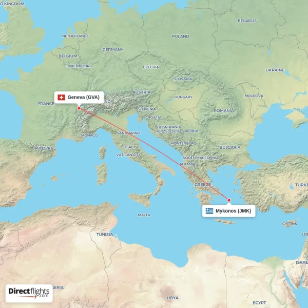 Mykonos - Geneva direct flight map