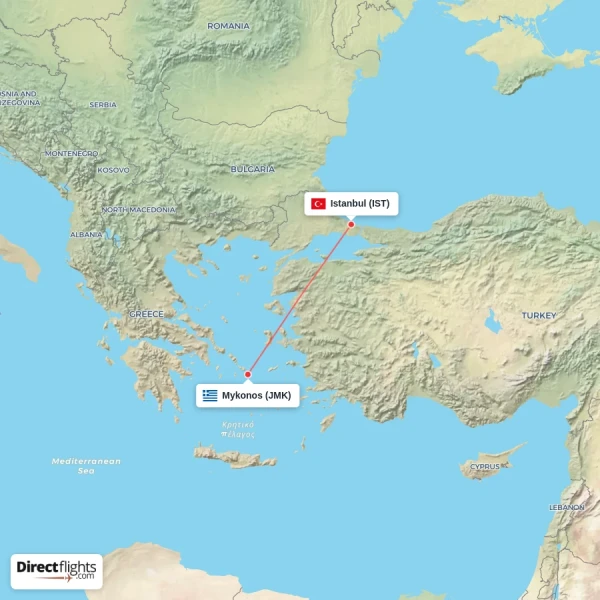 Mykonos - Istanbul direct flight map