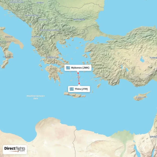 Mykonos - Thira direct flight map