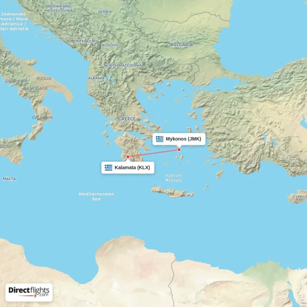 Mykonos - Kalamata direct flight map