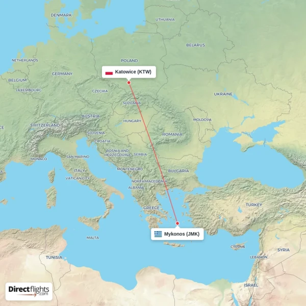 Mykonos - Katowice direct flight map