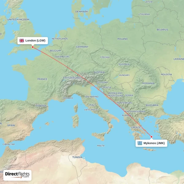 Mykonos - London direct flight map