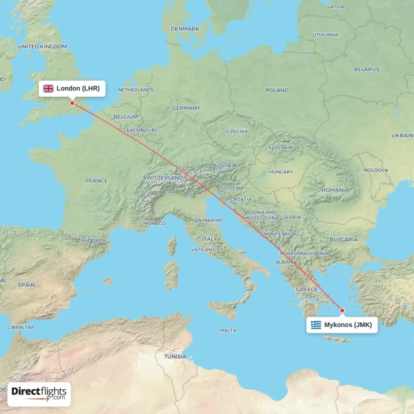 Mykonos - London direct flight map