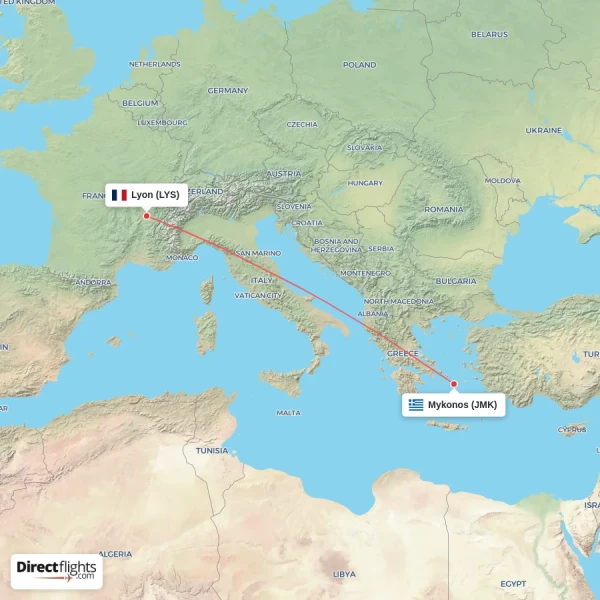 Mykonos - Lyon direct flight map