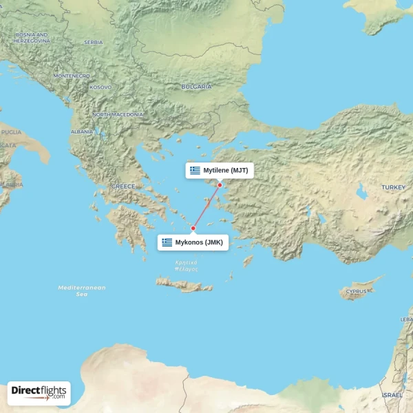 Mykonos - Mytilene direct flight map