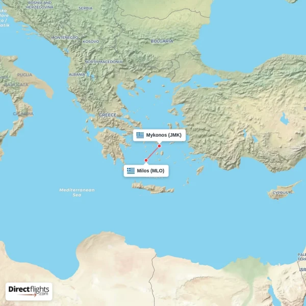 Mykonos - Milos direct flight map