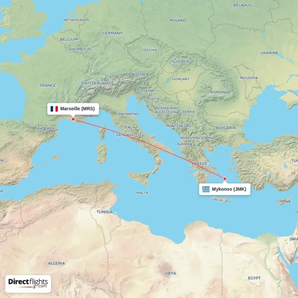 Mykonos - Marseille direct flight map