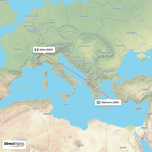 Mykonos - Milan direct flight map