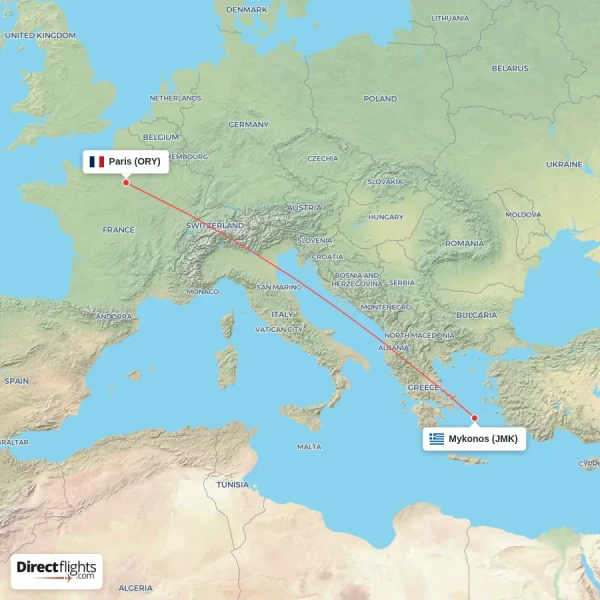 Mykonos - Paris direct flight map