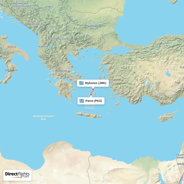 Mykonos - Paros direct flight map