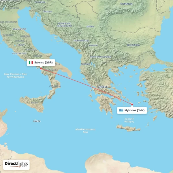 Mykonos - Salerno direct flight map