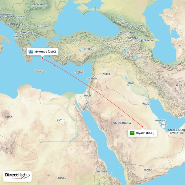 Mykonos - Riyadh direct flight map