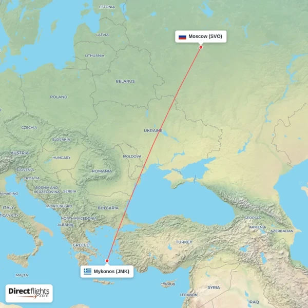 Mykonos - Moscow direct flight map