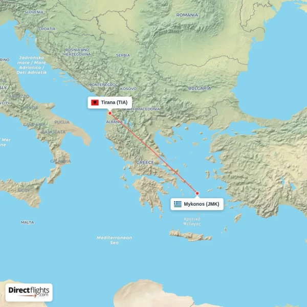 Mykonos - Tirana direct flight map
