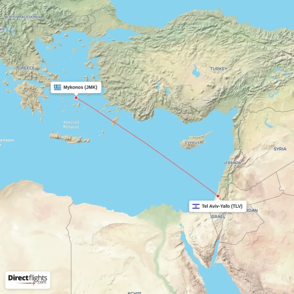 Mykonos - Tel Aviv-Yafo direct flight map