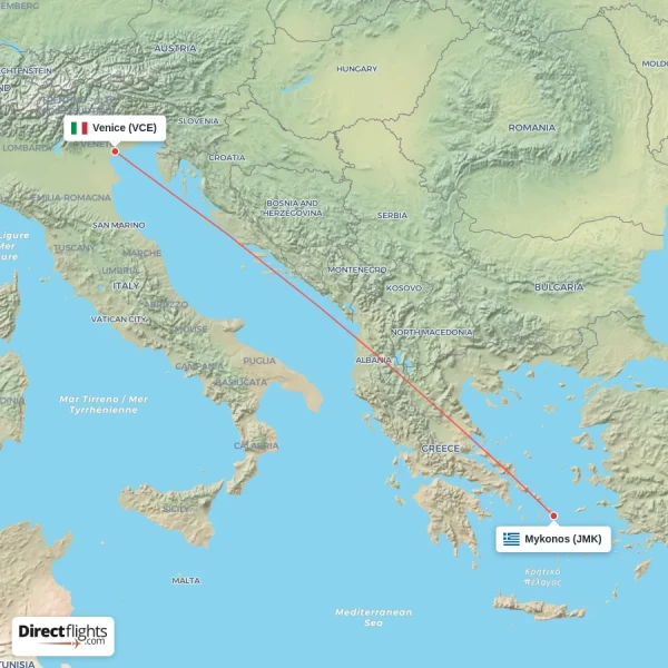 Mykonos - Venice direct flight map