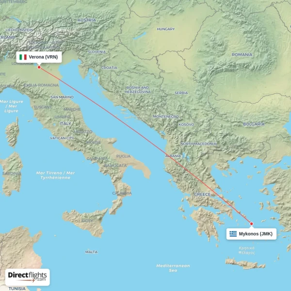 Mykonos - Verona direct flight map