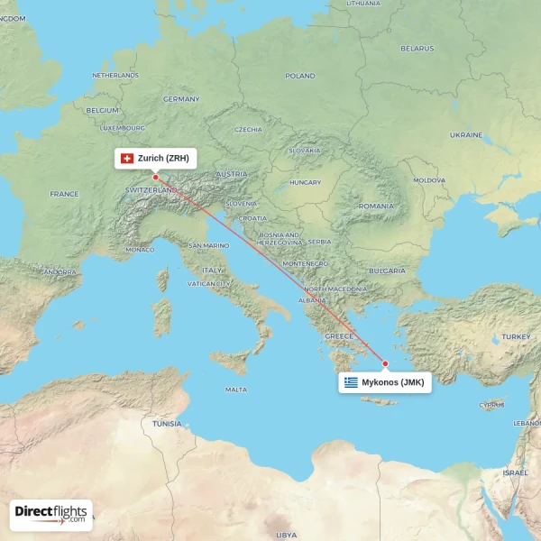 Mykonos - Zurich direct flight map