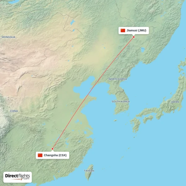 Jiamusi - Changsha direct flight map