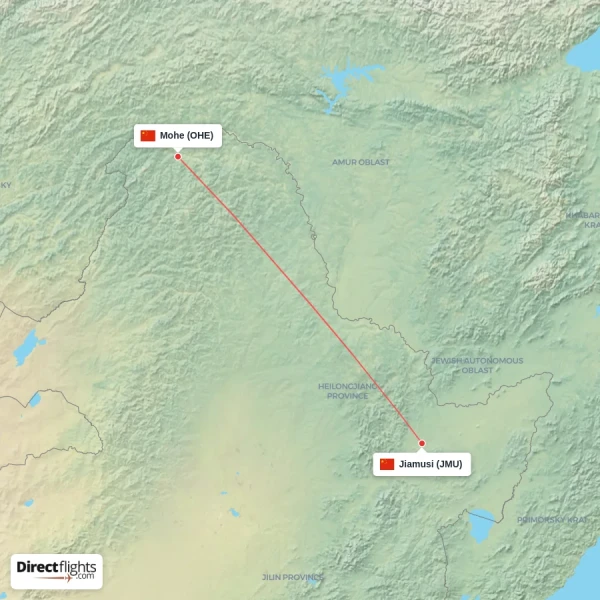 Jiamusi - Mohe direct flight map