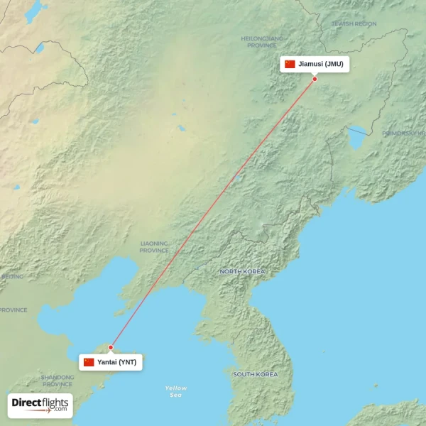 Jiamusi - Yantai direct flight map