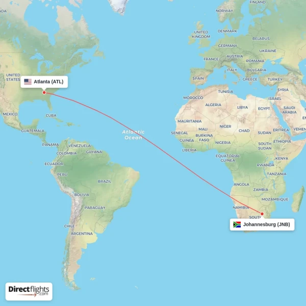 Johannesburg - Atlanta direct flight map