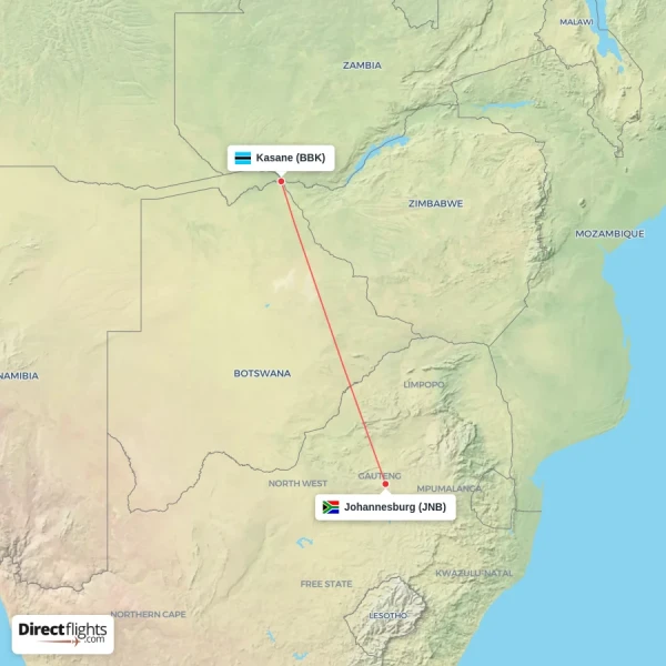 Johannesburg - Kasane direct flight map