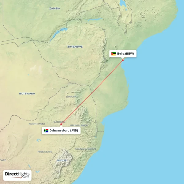 Johannesburg - Beira direct flight map