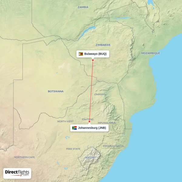 Johannesburg - Bulawayo direct flight map