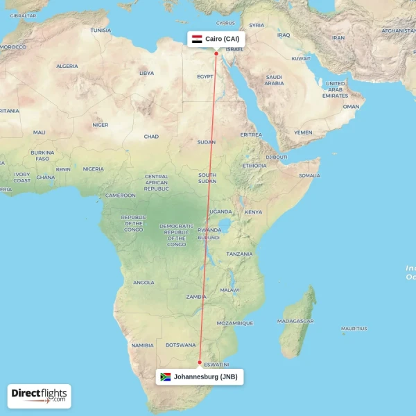 Johannesburg - Cairo direct flight map